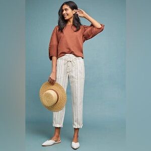 Anthropologie Seashore white with blue stripes linen pants size Small